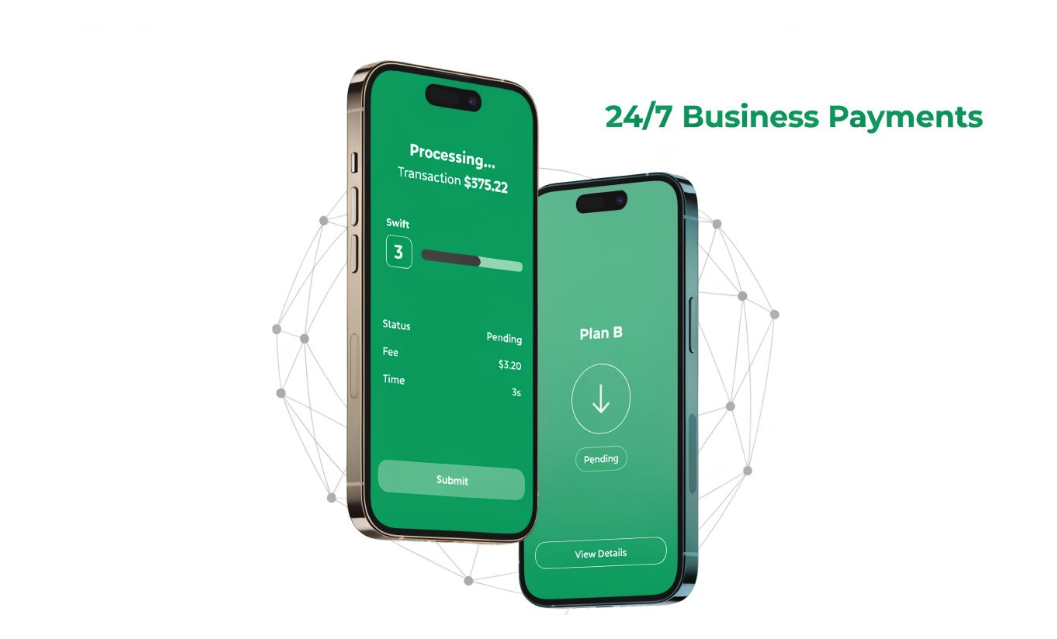 Two smartphones displaying a mobile app interface for processing 24/7 business payments with a digital network background