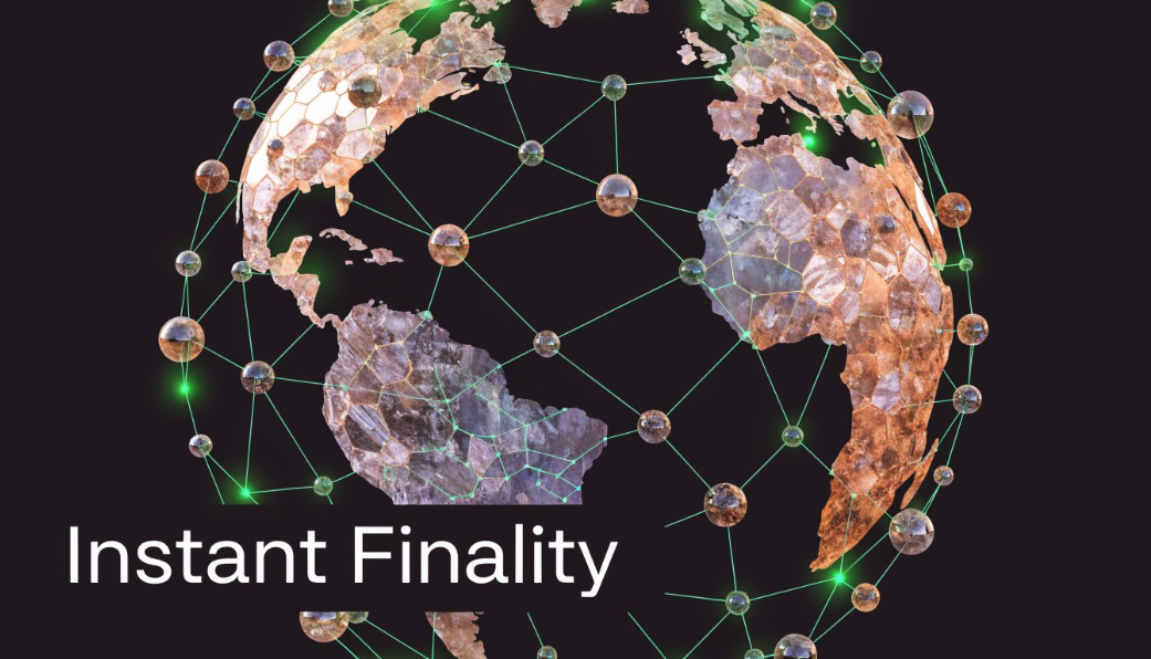 A 3D stylized globe with a network of connected nodes representing instant finality