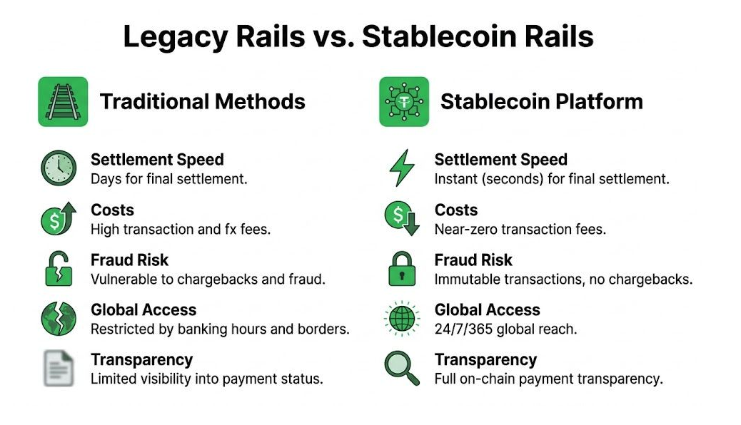 A comparison chart showing the advantages of stablecoin platforms over traditional banking payment rails