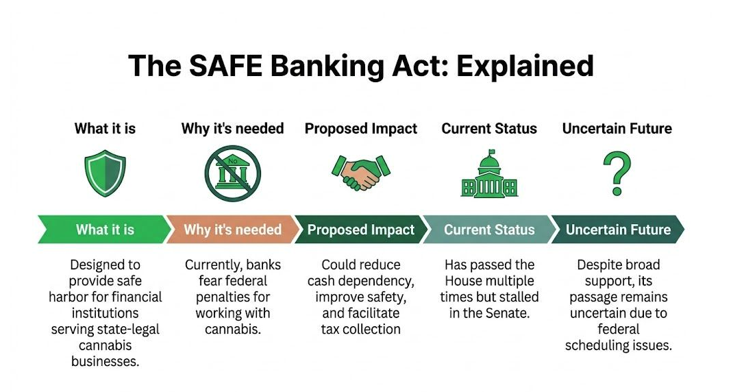 Infographic explaining the SAFE Banking Act and its implications for cannabis payment processing