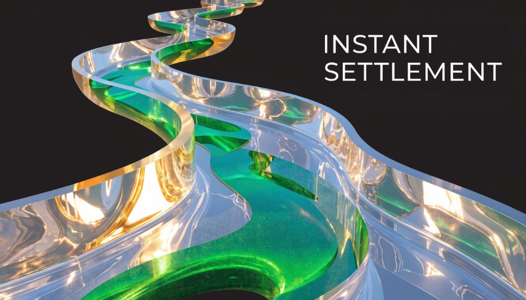 Abstract render of a winding path representing fluid financial movement and instant settlement